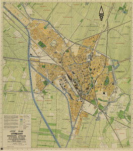 214078 Plattegrond van de stad Utrecht met directe omgeving, met weergave van de verkavelingen, het stratenplan met ...